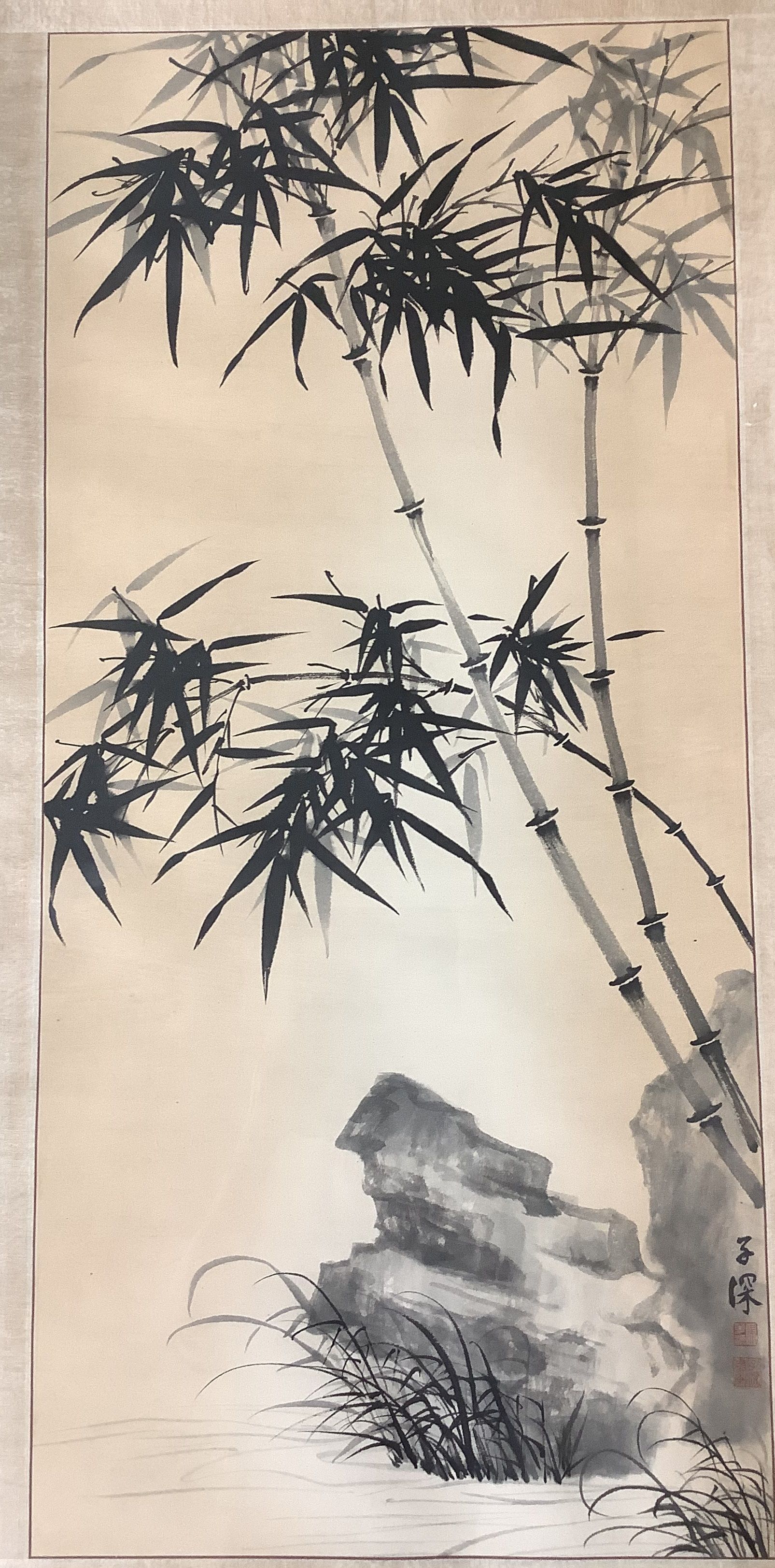 Chinese School (20th century), black ink and wash, Bamboo and rocks, signed,